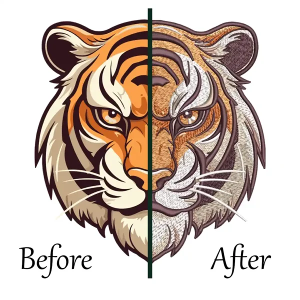 Embroidery digitizing services — tiger logo before and after professional manual digitizing